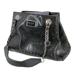GUESS Logo Embossed Shoulder Bag Chain Strap Snap Closure Black Medium Size
